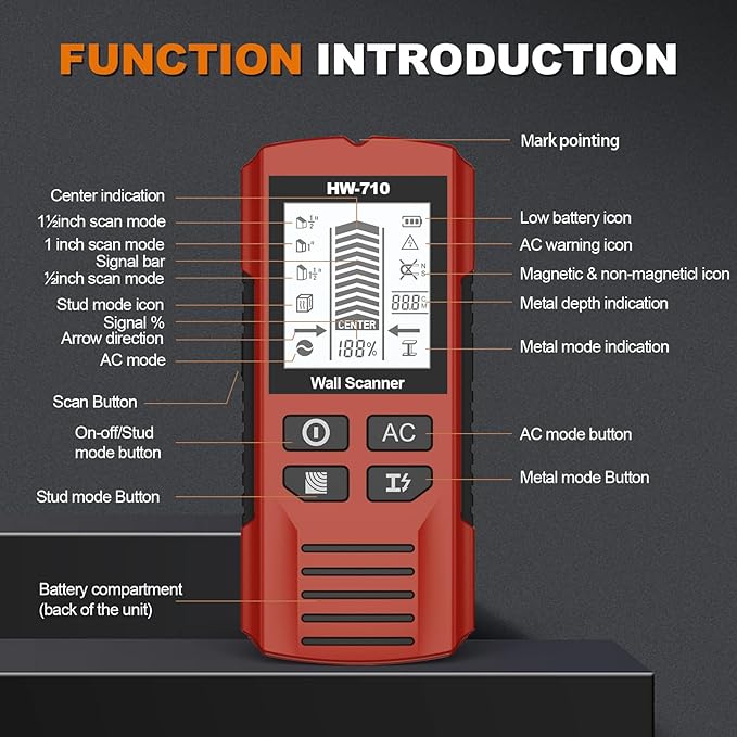 جهاز كشف المعادن المحمول 6 في 1 بشاشة الدقة، لكشف أسلاك التيار المتردد الحية والخشب